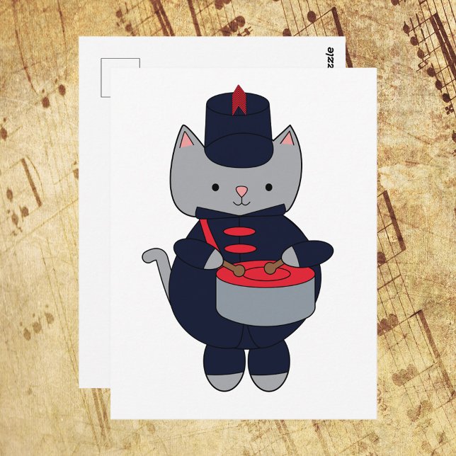 Cartão Postal Cat Drummer Marching Band Navy Blue and Red (A postcard with a cat playing the drums in a navy blue & red marching band uniform.)