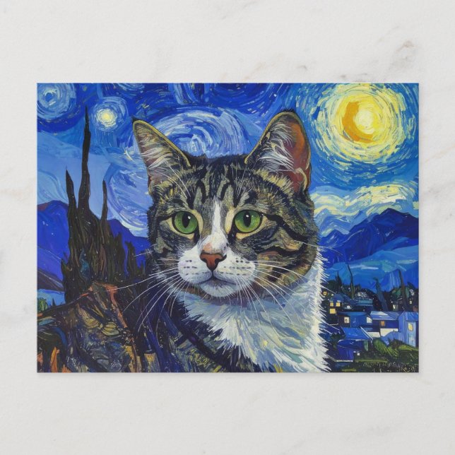 Cartão Postal Cat e Starry Night (Frente)