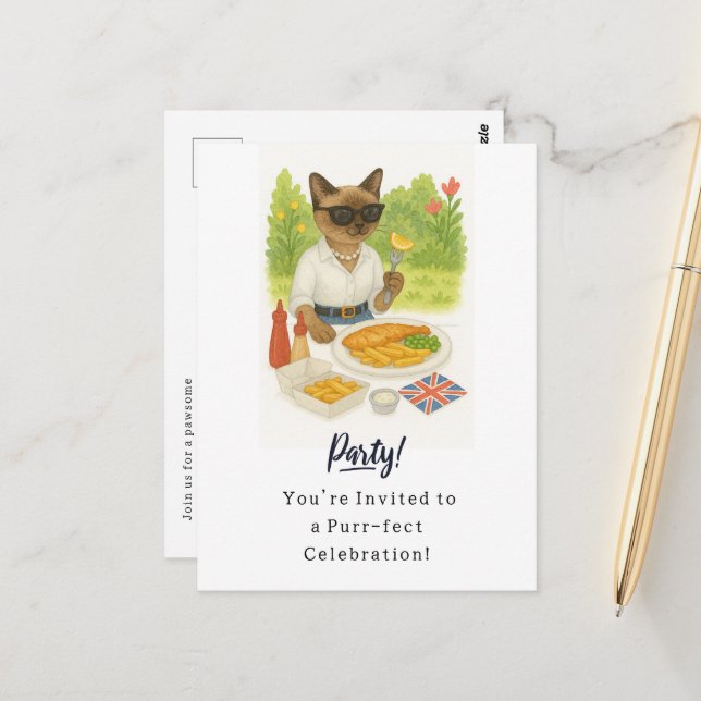 Cartão Postal Cat Fish and Chips Party for Londoner English (Frente/Verso In Situ)