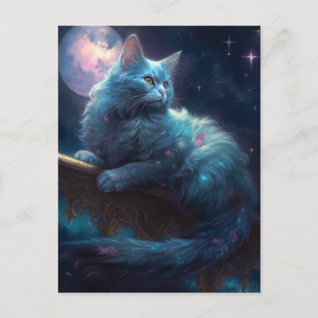 Cartão Postal Cat Full Moon Fantasy Art (Frente)