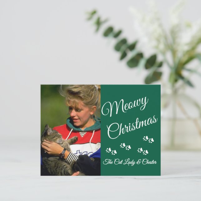 Cartão Postal Cat Lady Christmas Photo Holiday Paw Prints Green (Em pé/Frente)