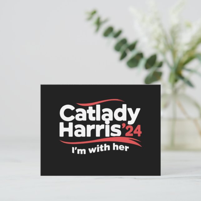 Cartão Postal Cat Lady Kamala Harris 2024 Estou com ela (Em pé/Frente)