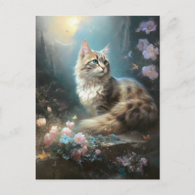Cartão Postal Cat Landscape Flowers Fantasy Art (Frente)