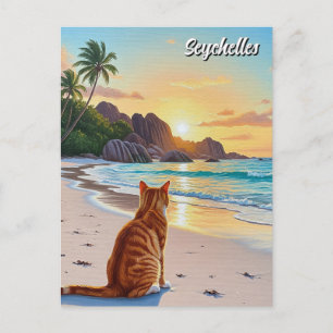 Cartão Postal Cat na praia Anse Source d'Argent
