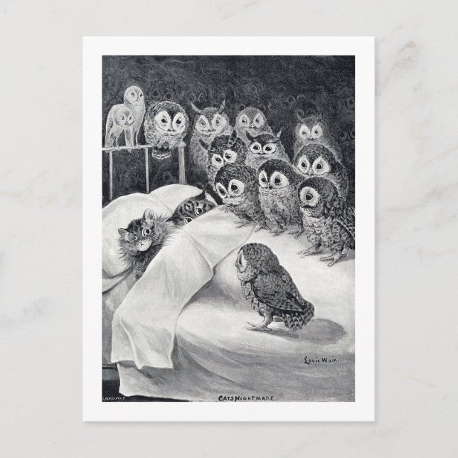Cartão Postal Cat Nightmare Owl Bird, Louis Wain (Frente)