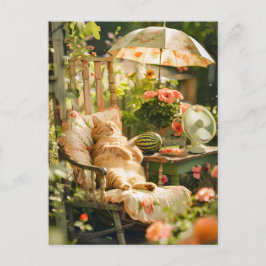 Cartão Postal Cat Relaxing in Deck Chair Under Sun Umbrella