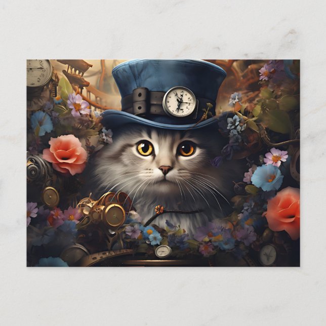 Cartão Postal cat with Cylinder and flowers in steam Punk Style (Frente)