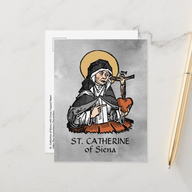 Cartão Postal Catarina de Siena com Coração Crucifixo (Frente/Verso In Situ)