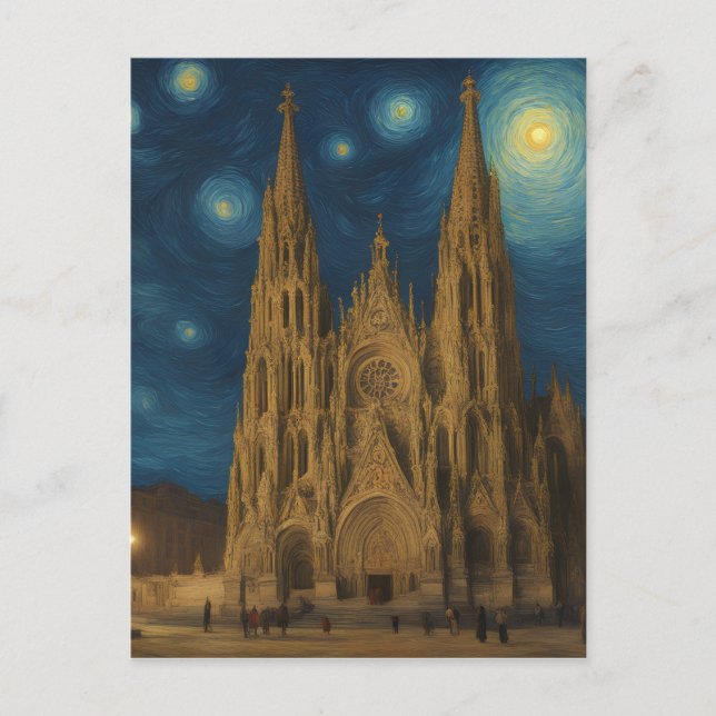 Cartão Postal Catedral de Barcelona no Estilo Night van Gogh (Frente)