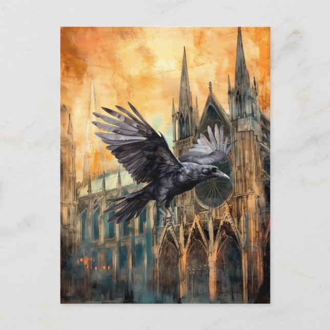Cartão Postal Catedral Gótica Medieval e Raven Voadora (Frente)