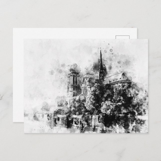 Cartão Postal Catedral Negra e Branca da Ilustração Notre-Dame (Frente/Verso)