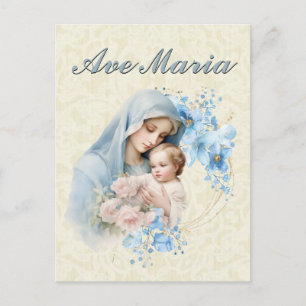 Cartão Postal Católica Virgem Maria Jesus Azul Floral Ave Maria