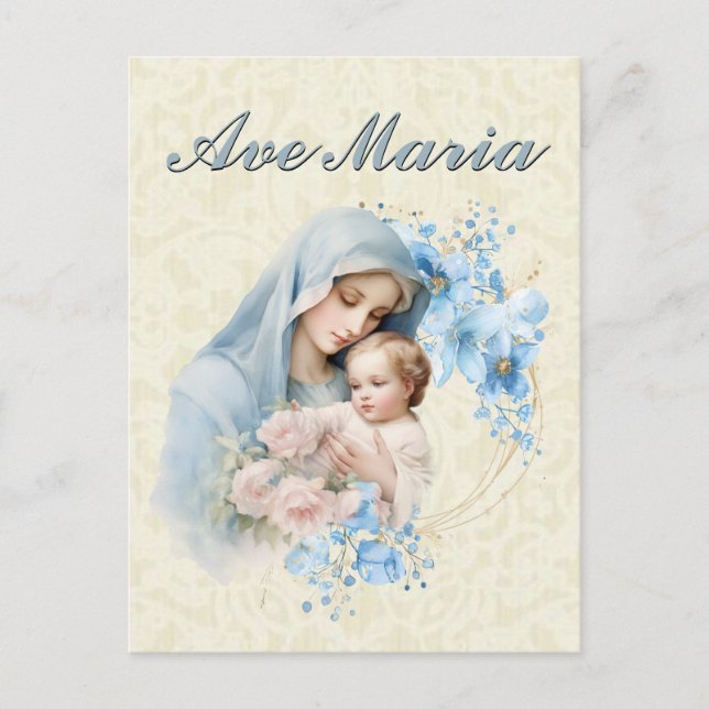 Cartão Postal Católica Virgem Maria Jesus Azul Floral Ave Maria (Frente)