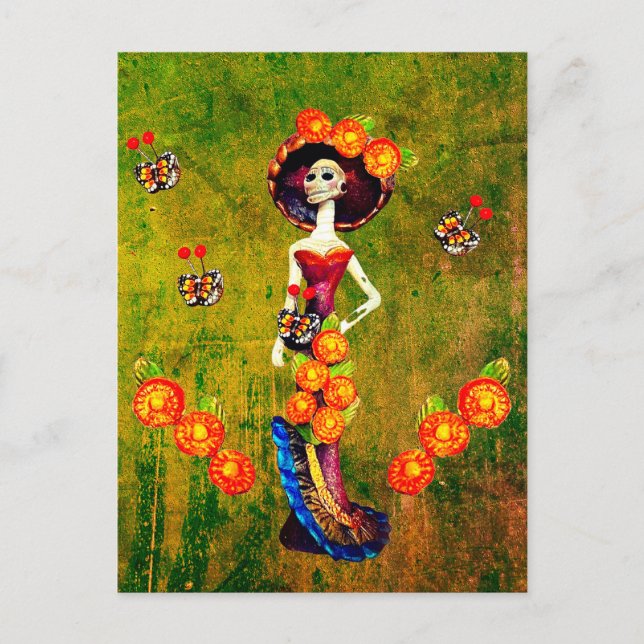 Cartão Postal Catrina W/Chapéu, Flores Laranja E Pias Douradas A (Frente)