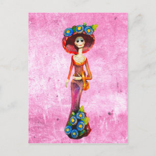 Cartão Postal Catrina W/Vestido Vermelho E Flores Azuis A Rosa L