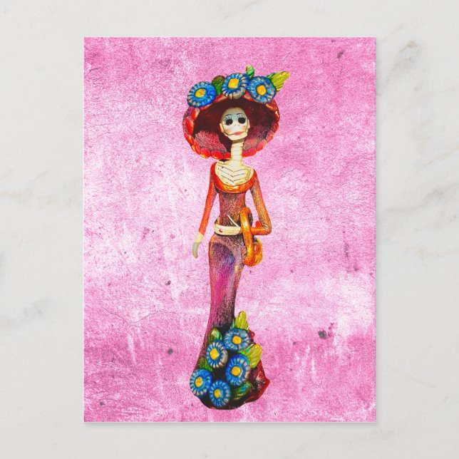 Cartão Postal Catrina W/Vestido Vermelho E Flores Azuis A Rosa L (Frente)