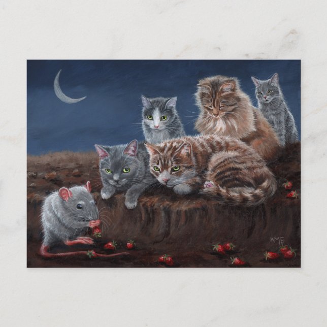 Cartão Postal Cats and Rat with strawberries postcard (Frente)