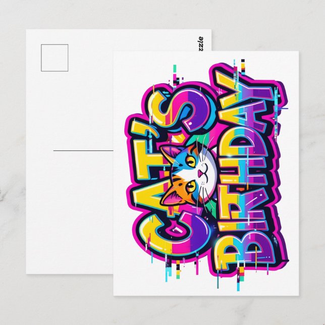 Cartão Postal Cat's Birthday Rainbow Glitch (Frente/Verso)