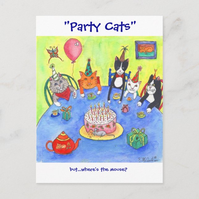 Cartão Postal Cats de Festa! Os gatinhos de aniversário divertem (Frente)