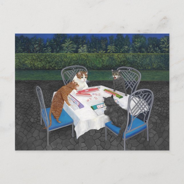 Cartão Postal Cats Playing Mahjong (Frente)