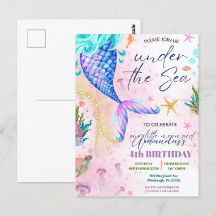 Cartão Postal Cauda de sereia Aquarela Aniversário Sob o mar