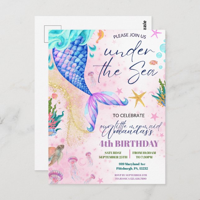 Cartão Postal Cauda de sereia Aquarela Aniversário Sob o Mar (Frente/Verso)