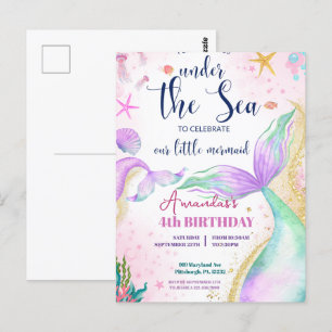 Cartão Postal Cauda de sereia Aquarela Aniversário Sob o Mar