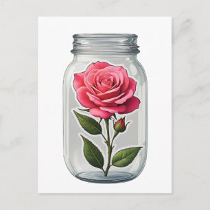 Cartão Postal Caule de Flor de Rosa Rosa em uma Garrafa de Vidro