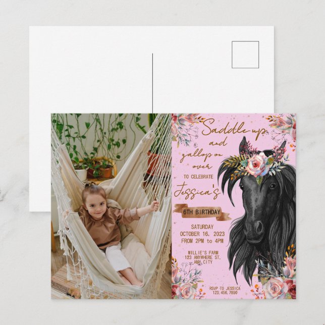 Cartão Postal Cavaleira de aniversário com cavalo em aquarela (Frente/Verso)