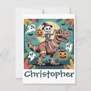 Cartão Postal Cavaleiro Dino Assustador – Esqueleto no T-Rex de