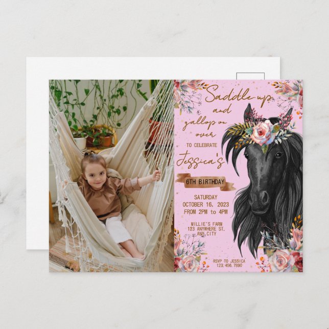 Cartão Postal Cavalgadora de cowboy de aniversário aquarela (Frente/Verso)