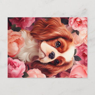 Cartão Postal Cavalier King Charles Spaniel em Rosas