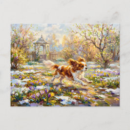 Cartão Postal Cavalier Spaniel no Jardim de Primavera em Flor