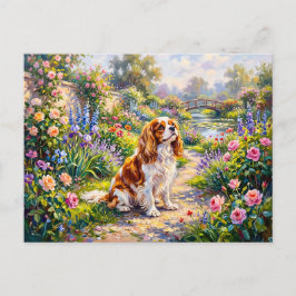 Cartão Postal Cavalier Spaniel no Jardim de Verão junto ao Lago