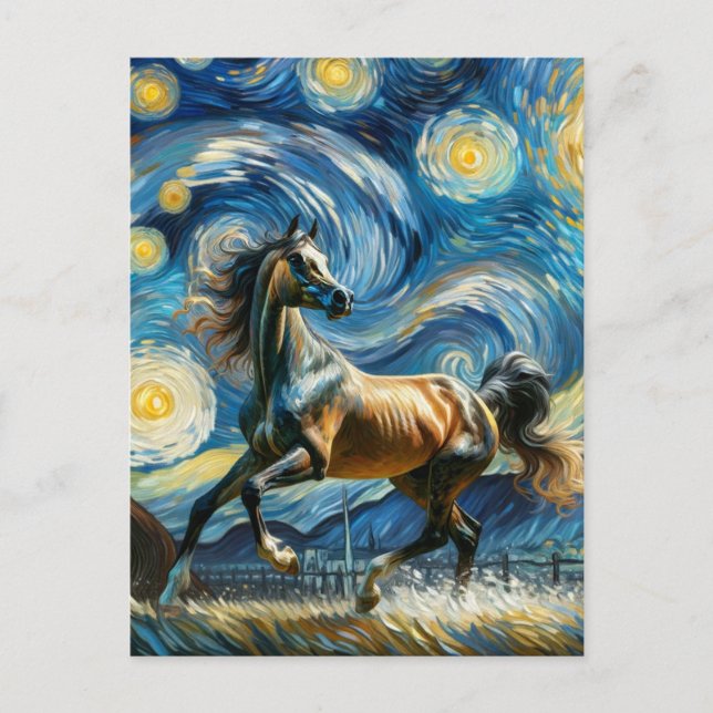 Cartão Postal Cavalo Árabe da cinza na Noite Estelar de Van Gogh (Frente)