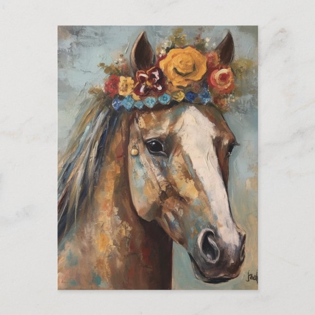 Cartão Postal Cavalo Bonito numa Coroa Floral (Frente)