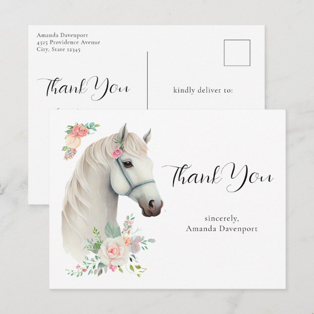 Cartão Postal Cavalo Branco Elegante Boho Floral Obrigado (Frente/Verso)