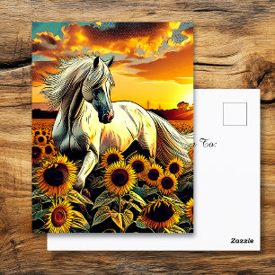 Cartão Postal Cavalo Branco no Campo de Girassóis no Sunset