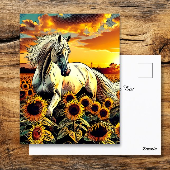 Cartão Postal Cavalo Branco no Campo de Girassóis no Sunset (Criador carregado)