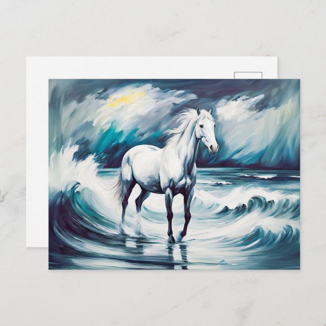 Cartão Postal Cavalo Branco num Mar Tempestade (Frente/Verso)