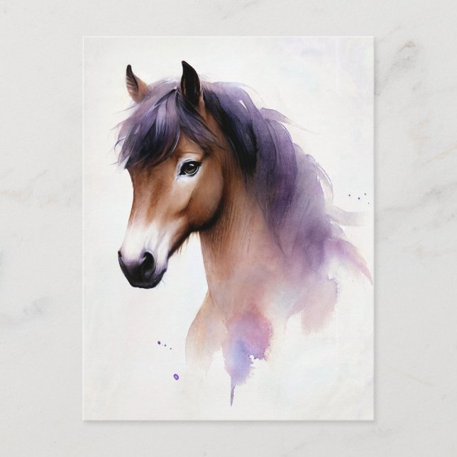 Cartão Postal Cavalo Com Aquarela De Mano Roxo (Frente)