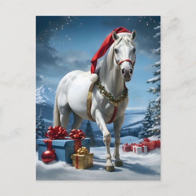 Cartão Postal cavalo com chapéu santa e presentes de natal (Frente)