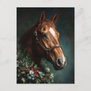 Cartão Postal Cavalo com Coroa de Natal e Fita Vermelha
