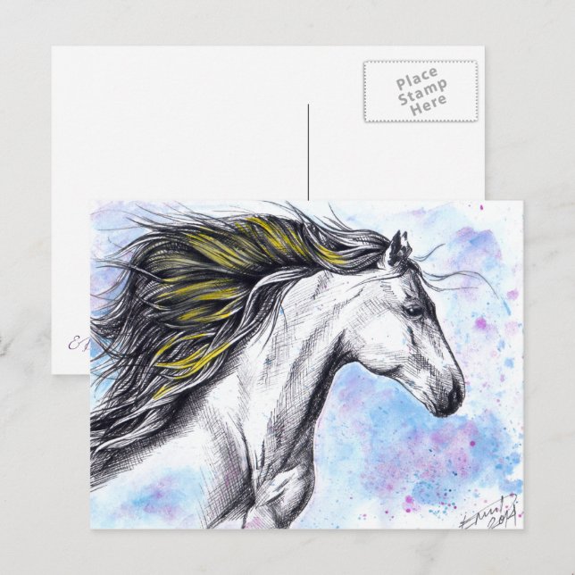 Cartão Postal Cavalo correndo Aquarela e Tinta Equina (Frente/Verso)