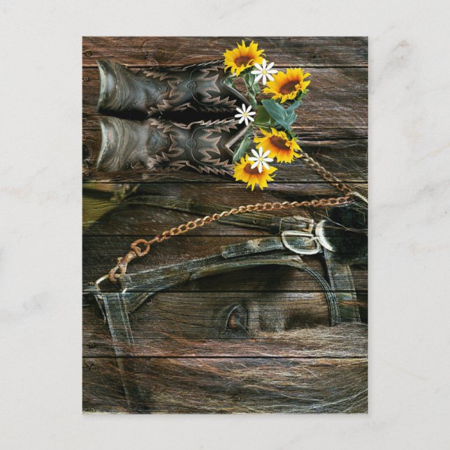 Cartão Postal Cavalo Cowboy Boots Girassóis Flores Rústicas Cons (Frente)