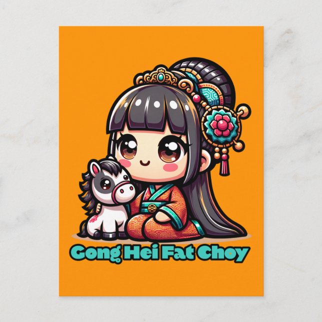 Cartão Postal Cavalo de Ano Novo Chinês Kawaii (Frente)