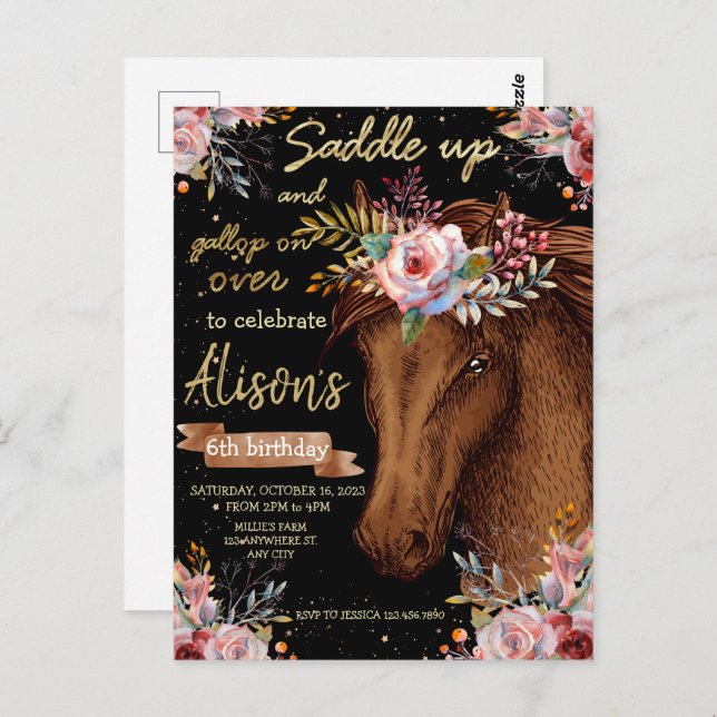 Cartão Postal Cavalo de aquarela festa de aniversário do cavalo (Frente/Verso)
