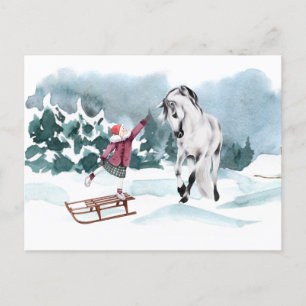 Cartão Postal Cavalo de Aquarela Inverno Neve Com Menina