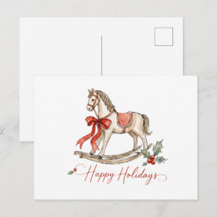 Cartão Postal Cavalo de Balanço de Natal em Aquarela