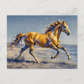 Cartão Postal Cavalo Dourado numa Praia,
